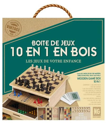 MISTER GADGET, MG3477, Box of 10 Wooden Board Games, Chess, Queen, Little Horses, Goose Game, Ladder and Snake, Solitaire, Backgammon, Chinese Queen, Poker, Dice, Awalé