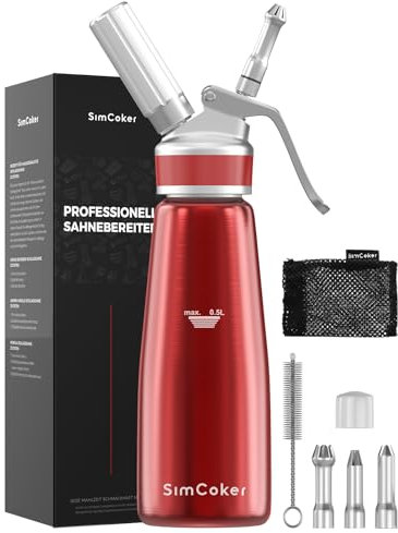 SimCoker Sahnespender 500ml,Aluminium Schlagsahnebereiter,Sahnesiphon Ersatzteile 3 Edelstahl Spritztüllen 1 Reinigungbürste,Deutsche Anweisungen,Rot