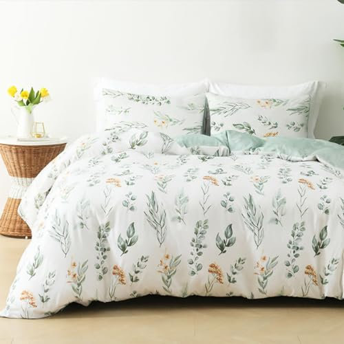Tospass Blumen Bettwäsche 135x200cm 4 Teilig Weiß Grün Braun Floral Bettwäsche Set Pflanzen Blätter Mädchen Mikrofaser Wende Bettwäsche 2 Bettbezug mit Reißverschluss 2 Kissenbezug 80x80cm