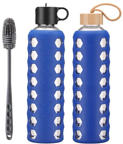 BLUEGO Glass Water Bottle, 900ml Borosilicate Drinking Bottle with 2 Lids-Handle Flip Straw Lid&Bamboo Lid, Motivational Water Bottle with Time Marker and Silicone Sleeve, Leakproof, Blue
