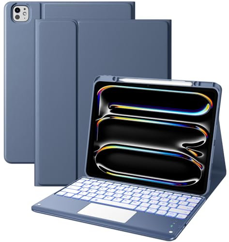 Vobafe Hülle mit Tastatur für iPad Pro 13 Zoll M5/M4 (2025/2024), Hochwertige PU Schutzhülle mit Stifthalter, QWERTZ-Layout iPad Pro 13 Tastatur, Multi-Touch Trackpad 7 Farben Beleuchtung, Blau Gary