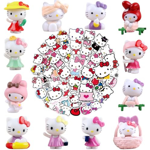 12 Pcs Kitty Figuren Geburtstagsdeko, 50 Pcs Kitty Aufkleber, Kitty Spielzeug Figuren, Kitty Kuchen Deko Figuren, Kitty Tortenaufleger, Kitty Figuren Cake Topper