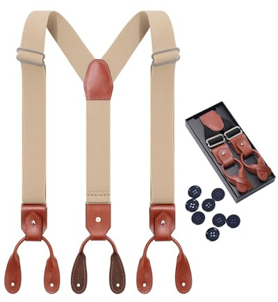 Kajeer Hosenträger Herren aus Echtleder - Klassische Knöpfe Hosenträger für Hosen Elastisch Y-Form Verstellbar Breit Suspenders für Hochzeit Party Geschäft