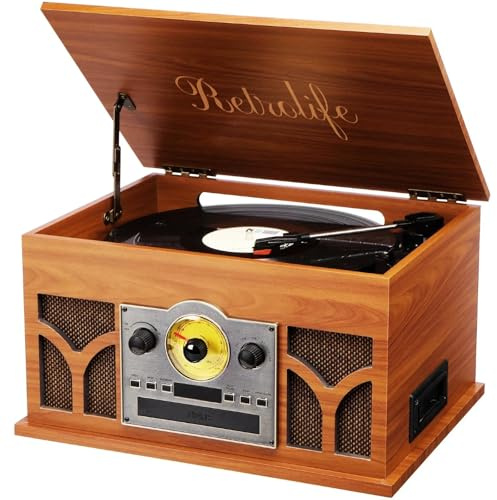 Giradischi 10 in 1 con altoparlanti integrati, riproduzione wireless, lettore CD e cassette, lettore USB, radio AM/FM, giradischi in vinile a 3 velocità, mogano