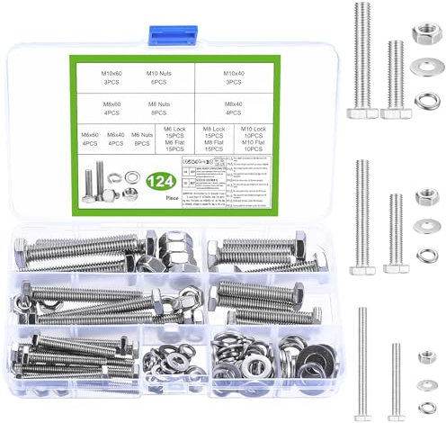 124 Pcs Boulons M6 M8 M10, Boulons et écrous, Vis à Tête Hexagonale et écrous avec Rondelles élastiques et Plates, Vis à Six Mécaniques en Acier Inoxydable pour Meubles Voitures Vélos