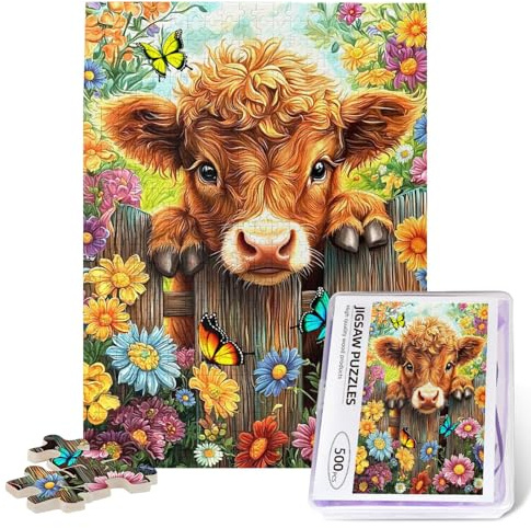 Highland Cow Puzzles for Adults 500 Pieces Cute Animal Flower Jigsaw Puzzle Colorful Floral Garden Butterfly Painting Puzzle for Family Activity Games Challenge Highland Cow Decor Gifts