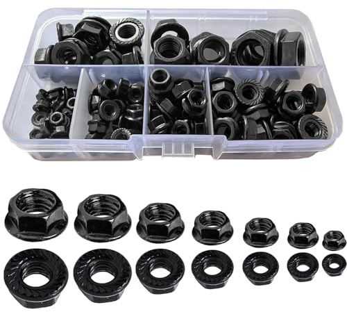 WeqeYent 108 Stück schwarze Zähne Flansch Hex Lock Muttern Kit | Kohlenstoffstahl Selbstsperrende Gewindemutter für Schrauben und Maschinen M3/M4/M5/M6/M8/M10/M12