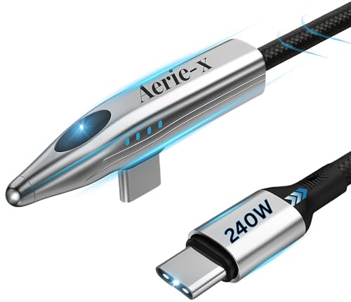 Aerie-x 240W USB-C to USB-C Fast Charging Cable 1.2m, PD 3.1 6A Type-C Charger Lead, 90° Right Angle Nylon Braided Cable with Auto Power Off for iPhone 17/16/15, MacBook, Samsung, iPad & Laptop
