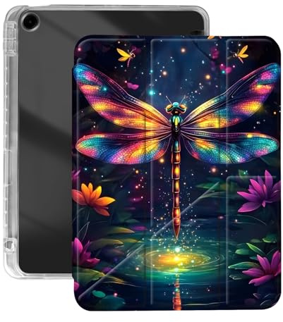 VOGDMKJG Case for iPad 10.2 2021/2020/2019 (9th/8th/7th Generation) -Y-Shaped Stand Clear Back with Pencil Holder Auto Sleep/Wake Multi-Angle View Protective Tablet Cover (Dragonfly)