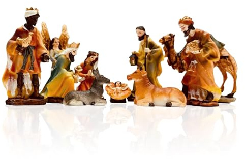 Gesar set Presepe Completo 10 Pezzi – Statuine Presepe in Resina Dipinta a Mano- Personaggi Presepe 9 cm – Natività Tradizionale, Decorazione Natalizia.