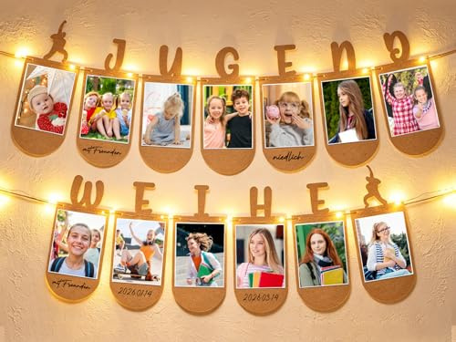 Jugendweihe Deko & Geschenke - Fotogirlande mit Lichterkette & 13 Kraftpapier Karten für Fotos, Deko & Geschenk Jugendweihe Mädchen Junge
