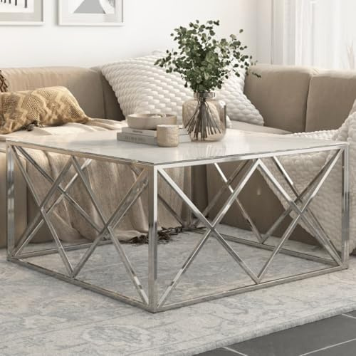 PHGTYUK Table basse en acier inoxydable argenté et verre trempé avec verre - Table d'appoint robuste et stable avec plateau en verre aspect marbre pour le salon