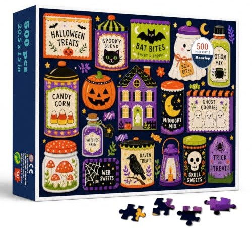 Manzlep Halloween Treats 500 Piece Puzzle for Adults | Precision-cut dust-free pieces, premium blue board, gift-ready 20.5 x 15 in