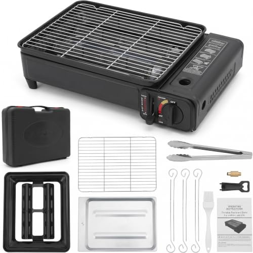 LENJKYYO Camping Gasgrill 2,2 kW Tischgrill mit Kartusche Koffer & Zubehör | 2,2 KW Hitze, Regelbare Flamme und Koffer Erleichtern Grillen bei Camping, Picknick, Balkon und Ausflug