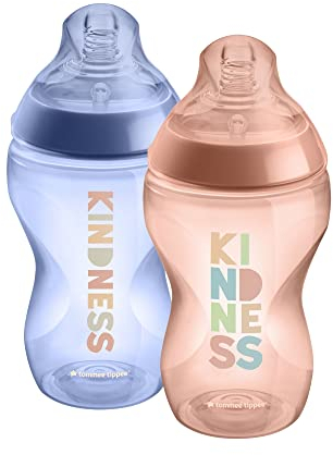Tommee Tippee Closer to Nature Babyflaschen, Natürlich geformter Trinksauger mit Anti-Kolik-Ventil, 340 ml, 2er-Set, Be Kind Blau und Rosa (Farbe und Design kann variieren)