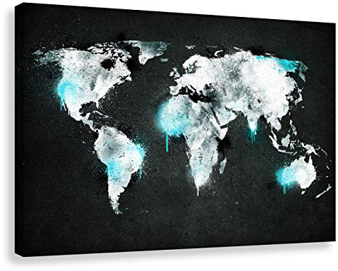 Kunstbruder Weltkarte Spray - Blau 70x100cm - by Weltkarten Kunstdruck 2cm Worldmap (div. Varianten/Größen)- Leinwandbild Wandbild/fertig aufgespannt/fertig zum aufhängen