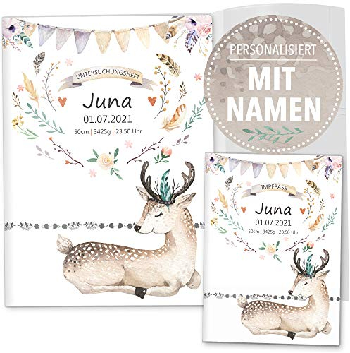 OLGS U-Heft und Impfpass Hüllen 3-teiliges Set Boho Freunde Tiere | Untersuchungsheft Schutzhülle & Impfpasshülle mit Namen und Geburtsdatum (Uhefthülle, Impfpass Hülle Set personalisiert, Reh)