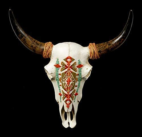 Figuren Shop GmbH Wandrelief Büffel-Schädel mit indianischem Muster 32,5 cm | Kopf Rind Longhorn Hörner Bulle Hörner Wandskulptur Wester Indianer Deko