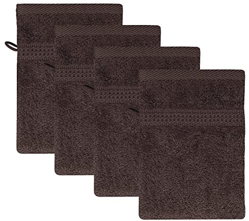 Class Home Collection Frottee Waschhandschuhe 16x21 cm – 4er Set Waschhandschuh – Besonders weiche & saugfähige Waschlappen aus 100% Baumwolle mit Aufhänger – Braun