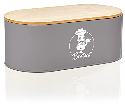 bambuswald© Brotbox aus Metall mit ökologischem Deckel aus Bambus - ca 33,5x18x13cm | Brotkasten für Croissants, Brot o. Brötchen | Brotbehälter mit Küchenbrett | Brot Aufbewahrungsbox