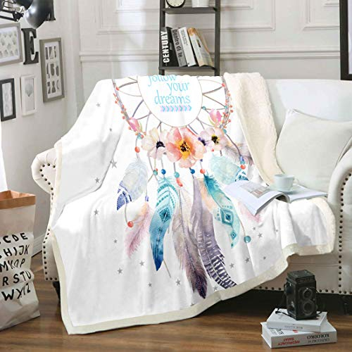 Traumfänger Kuscheldecke für Mädchen Kinder Frauen Boho Traumfänger Wohndecke Böhmische Flanell Fleecedecke 150x200cm Decke Blumenblumen Hippie Feder Couchdecke