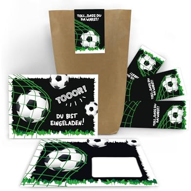 Junaversum 12 Einladungskarten zum Kindergeburtstag Jungen Fussball Fußball incl. 12 Umschläge, 12 Tüten, 12 Aufkleber