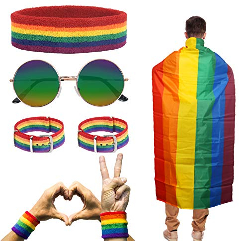 HAKOTOM 5Tlg Gay Pride Accessoire Regenbogen Umhang Regenbogenstirnband LGBT Rainbow Gay Pride Set mit Runde Brille für Gaypride Feiern Festival Schwulenpa