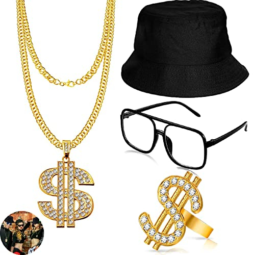 Weploda 4 Stück 90er jahre outfit herren goldkette herren, Halskette Schlager Outfit Herren, Dollar Kette Dollarzeichen Ring, Halskette Party Outfit Herren, Schlagermove Kostüm, Hip Hop Kostüm Set