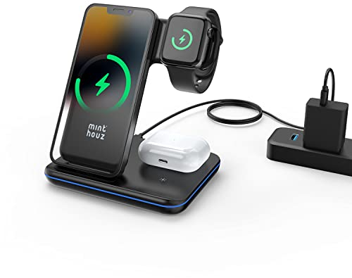 Minthouz 3 in 1 Wireless Charger with 18W Adapter, Fast Charging Station for Multiple Devices Apple Watch S8/7, AirPods 3/Pro, Charger Stand Compatible with iPhone 15/14/13/12/11/X/8