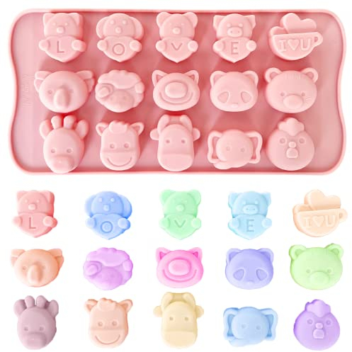 Molde de silicona con 15 cavidades de animales para cubitos de hielo, chocolate, gelatina y budín, 1 pieza con forma de animal, cerdo, jirafa, panda, oveja, elefante.