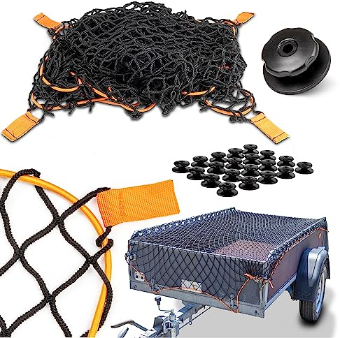 CargoVA® Intelligentes Anhängernetz dehnbar 1x2 bis 2x3 M - elastisches Hängernetz schwarz mit Gummiseil, 20 Planenhaken und Eckenmarkierung - für die perfekte Ladungssicherung