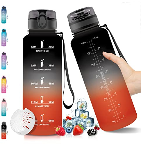 Vikaster, grande gourde pour le sport, 1,5 L, bouteille d'eau avec marqueur de temps et filtre, convient pour les boissons gazeuses, l’extérieur, le camping, la salle de fitness, dégradé noir et rouge