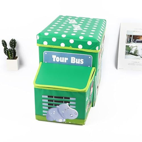 RHP Sitzbox Sitzhocker Kinder, Staubox mit Deckel, Spielzeug, faltbar, Polizei, Schulbus, Eiswagen, Zoo, Stauraum, Jungen & Mädchen, 50 l (Grün Tour Bus)