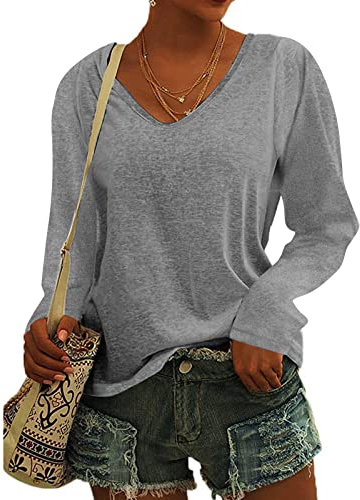 KOG Bluse Damen Elegant Langarm T-Shirt Tops Shirt Casual Weiß Oberteile Frauen Schwarz Kleidung Frau Grau Sommer Shirts Top Damen V-Ausschnitte Tshirt Casual Rundhals Klamotten Teenager Grau M