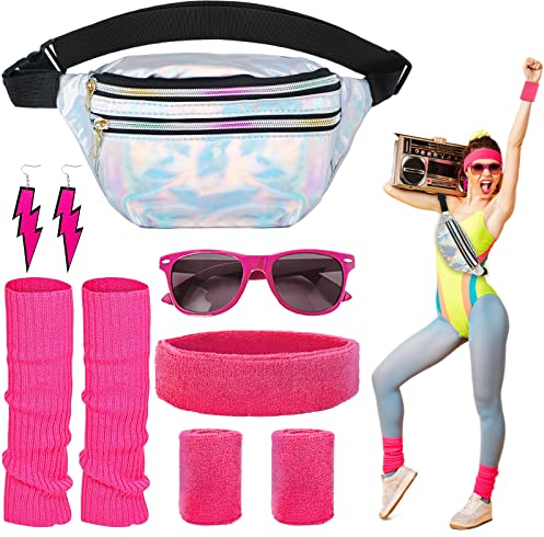 MengQiLe 90er Jahre Accessoires, 80er Jahre Kleidung Outfit Damen Set mit Bauchtasche, Stirnband, Beinwärmer, Armbänder, Brille und Ohrring für 80er 90er Jahre Neon Kostüm Partys