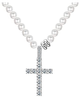 Krfy Perlenkette für Männer Damen Choker Halskette mit Cubic Zirkonia Kreuz Anhänger Verlängern Verschluss Einfach zu Tragen Täglichen Schmuck