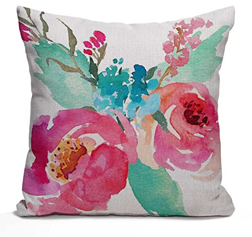 Tomda Housse de coussin aquarelle pivoines rose turquoise bouquet d'été taie d'oreiller décorative féminine décoration d'intérieur carrée 45 x 45 cm