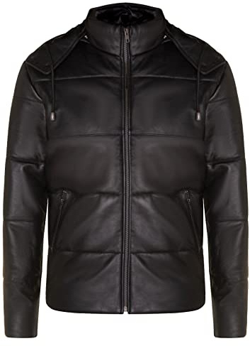 Men's Puffer Jacket Quilted Hooded Leather Bomber Jacket 3XL