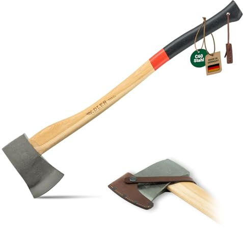 ADLER Yankeeaxt Fällaxt 1600g 80 cm C60 Hickorystiel Spalten Rot | Dünn geschmiedetes Blatt in Yankee-Form zum Entasten mit dreifacher Sicherheitsverkeilung und Lederschutz Made in Germany