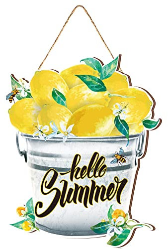 Geelin Hello Summer Haustürschild Holz Zitrone Hängeschild Sommer Bauernhaus Holz Tür Dekor Wandkunst Dekor für Zuhause Küche Wand Indoor Outdoor Garten Hof Veranda