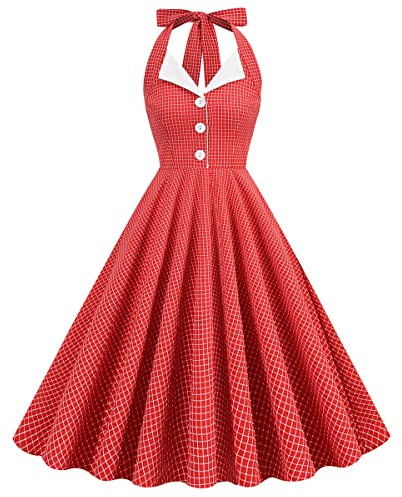 IMEKIS Robe de cocktail vintage sans manches avec dos nu pour femme des années 1950 à pois rétro Rockabilly Swing Robe A ligne plissée Longueur genou Mariage Robe de soirée Robe de bal, rouge/blanc, S