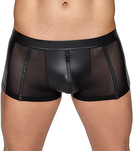 Orion Herren-Pants - verführerische Boxer-Shorts für Männer, mit Front-Reißverschluss, seitlichen Mesh-Einsätzen, Latex-Optik, eng anliegend, schwarz