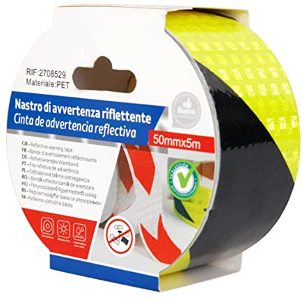 A2ZWORLD Nastro Adesivo Riflettente, 50mm X 5MT, Nastro Catarifrangente Adesivo, Nastro Segnalazione Ad Alta Visibilità, Per Auto Moto Bicicletta (Nero Giallo)