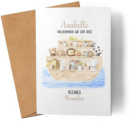 Kiddle-Design Glückwunschkarte Geburt Arche Noah Karte zur Geburt Junge Mädchen Babykarte Personalisiert mit Name Baby Geburtskarte Sprüche