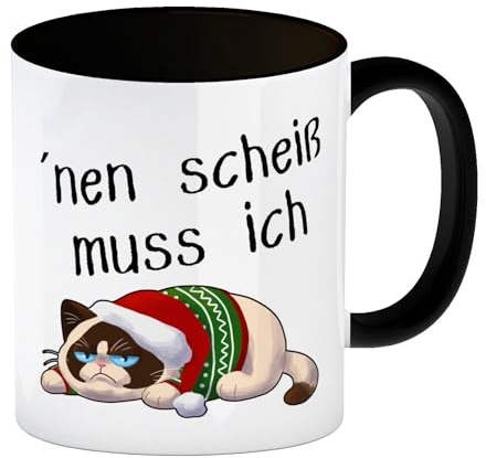 Genervter Kater Kaffeebecher in schwarz mit Spruch nen scheiß muss ich eine lustige Tasse für Katzenbesitzer witziger Teenager Katze Kaffeetasse Katzenmotiv Frauen Männer