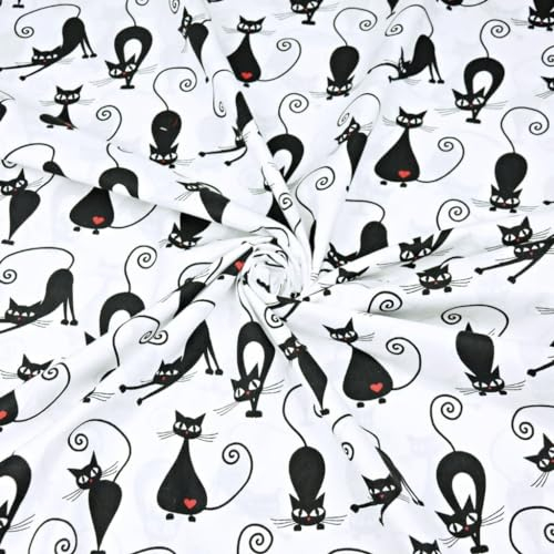 Textrend Baumwollstoff Meterware - Stoff zum Nähen - 100% Baumwolle - Textilien 1x1.6m - Stoffe Meterware - Katzen und Hunde Muster (Katzen mit Herzen schwarz auf weißem Hintergrund)