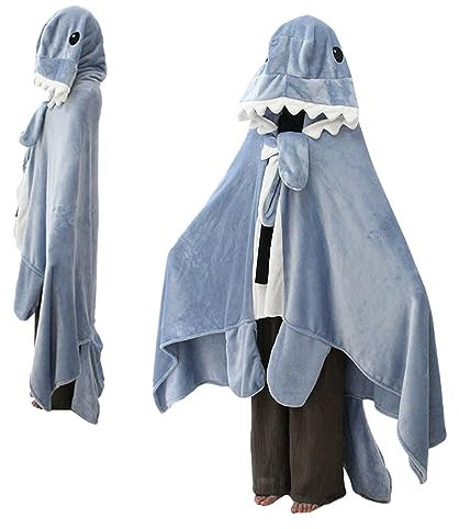 Firulab Hai-Decke für Erwachsene, tragbare Hai-Decke | Kuscheliger Kostüm-Cape-Schal | Cartoon Tiere Blauer Hai Cosplay Kapuzenumhang, Übergroßer Schlafschal Umhang Nickerchen Steppdecke für alle