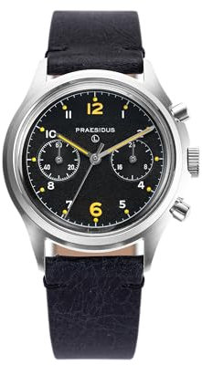 PRAESIDUS | 𝗣𝗔𝗖-𝟳𝟲 - Chronograph Uhr, Herrenarmbanduhren - Pilot, Militär - Gehäuse 38mm, Popcorn Schwarzes Zifferblatt - Schwarzes Lederarmband, Montiert in den USA | Geschenke für Männer