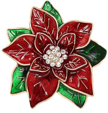 Lezevn Broche de Noël rouge en forme de fleur de poinsettia avec strass pour femmes et filles, Métal