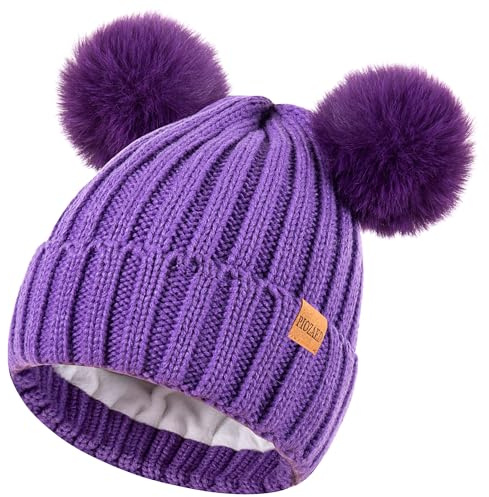 PIOZAED Women's Winter Warm Knit Beanie mit Kunstpelz Pom Skull Cap Cozy Fleece gefüttert Hut für Frauen